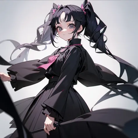 A 15 year old girl. With gray hair, black eyes, and hair in pigtails. She wears gothic clothes. The image is in the style of the anime Kimetsu no Yaiba. But the clothes are from the year 2024.And the girl seems to be introverted.