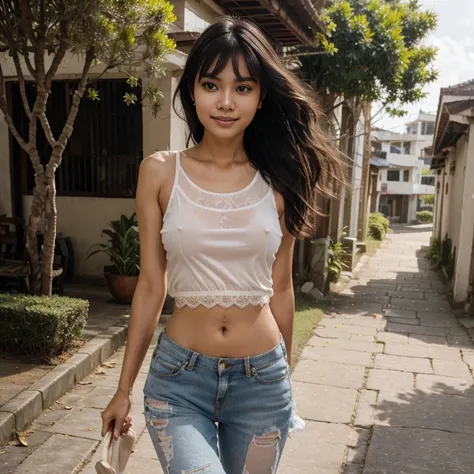 Sweet beautiful Bogor city girl, sassy girl, georgeus face, 25 years old, slim body, roman  nose, messy  wavy black hairs with a bangs blown by the hard wind, descent mixed from sundanese and javanese, wearing thin full see through  white lace tank top t-s...