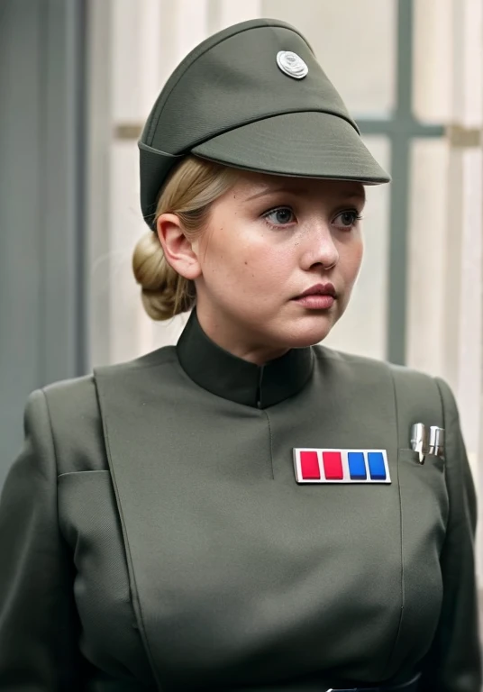 fashion photography of fat chubby nicola coughlan in olive gray imperialofficer uniform and hat, blonde hair in bun, whining cry...