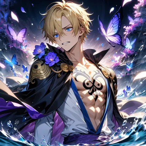 Ultra detailed, HDR, Highres, absurdres, master piece, Sanji, blond hair, expressive blue eyes, black cape with patterns, One Piece, purple glittering butterflies, purple ice, petals, purple ice roses, sexy man, solo, extremely detailed face and eyes, hand...