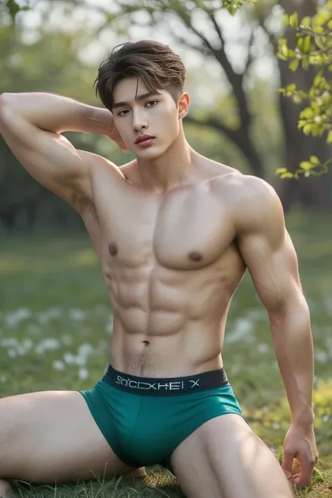 2 Man, ((male models )) heaty skin, masterpiece, best quality, most handsome man in the world, by Kim Soo-hyun, prefect body, beautiful male model, an attractive man 18-24 years old aesthetic, at spring flower booming, green fields, spring, plains, trees, ...