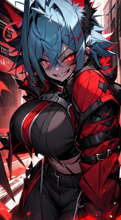 1girl, short_rebellious_hairblue_hair, hair tips to the side, scary_eyes, short_hair, Mouth_open_teeth_sharp_fangs, Evil smile_sharp_wild teeth, black_iris, scarlet_red_pupil, black, sclera, soulless_black_eyes, looking_at_vi ewer, holding, shirt, pant, an...