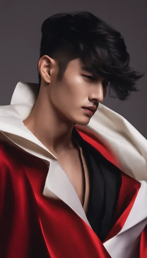 Fashion photo of Korean male model with black undercut hair, muscular body, wearing flash cinematic style cape jacket