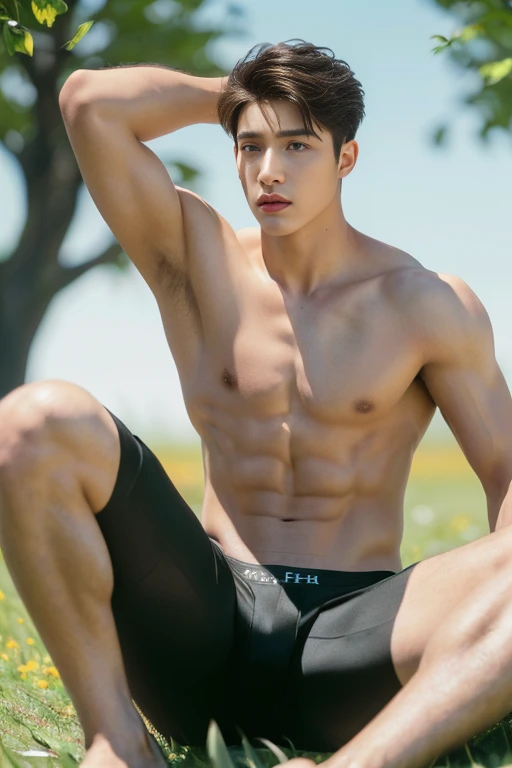 1 Man, ((male models )) heaty skin, masterpiece, best quality, most handsome man in the world, by Kim Soo-hyun, prefect body, beautiful male model, an attractive man 18-24 years old aesthetic, at spring flower booming, green fields, spring, plains, trees, ...