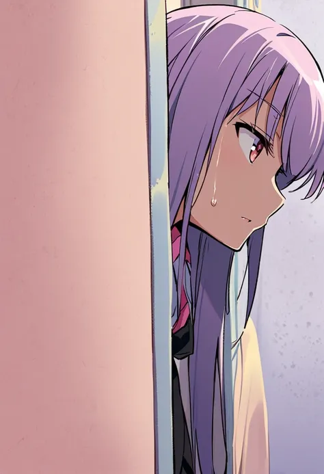 A beautiful Sakura anime girl sat limp, sweating, leaning against the wall of her room, accompanied by a purple eggplant covered in glue nearby