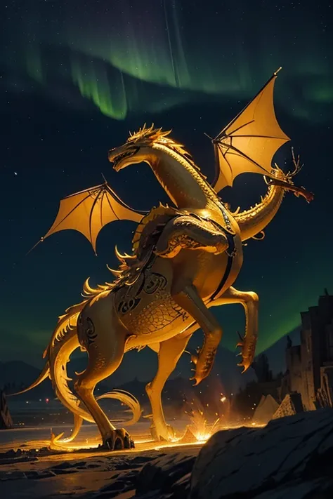 So sublime and divine々A beautiful golden dragon floats in the center of the screen.。The background is lightning.、An image of a mysterious night sky where the aurora shines beautifully.