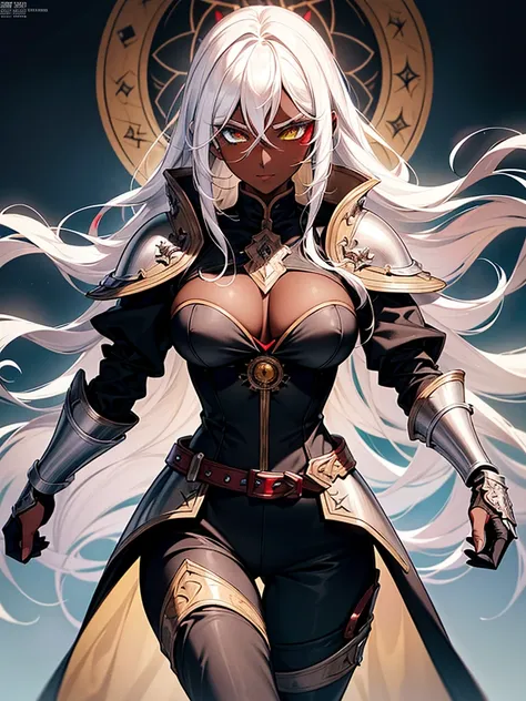 (masterpiece, best quality), (Official art, masterpiece, 8k, ultra-detailed), ultra-detailed, photo of a beautiful 32 year old woman, ((dark skin)), white hair, wearing round glasses on her face, eyes red and yellow, wearing a tight black jumpsuit, with li...