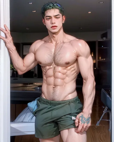 Handsome, High quality, 4k, 8k, 1 man, alone, green hair, muscle body, sexy, plain wall in the background, tanned skin, muscular