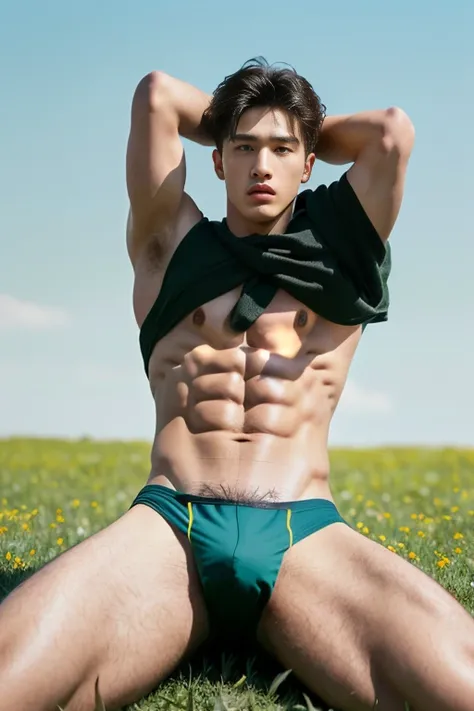 2 Man, ((male models )) heaty skin, masterpiece, best quality, most handsome man in the world, by Kim Soo-hyun, prefect body, beautiful male model, an attractive man 18-24 years old aesthetic, at spring flower booming, green fields, spring, plains, trees, ...