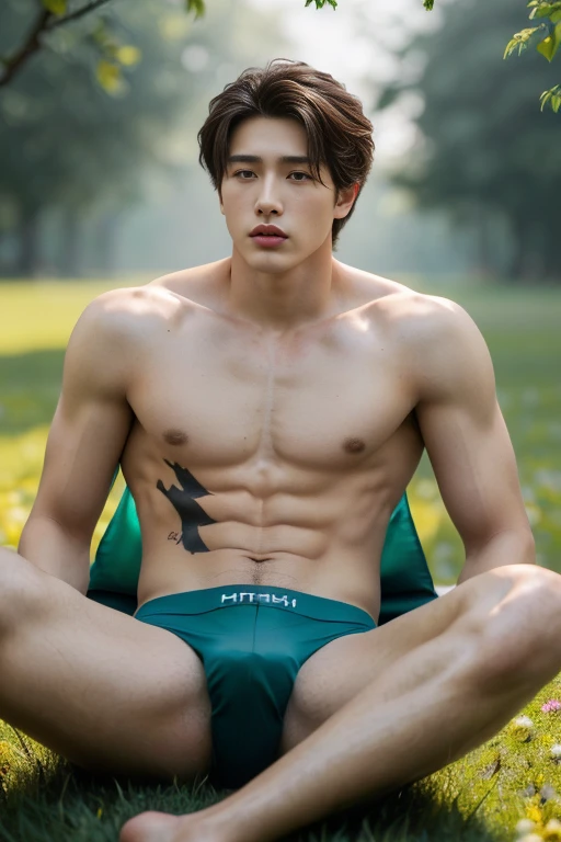 2 Man, ((male models )) heaty skin, masterpiece, best quality, most handsome man in the world, by Kim Soo-hyun, prefect body, beautiful male model, an attractive man 18-24 years old aesthetic, at spring flower booming, green fields, spring, plains, trees, ...