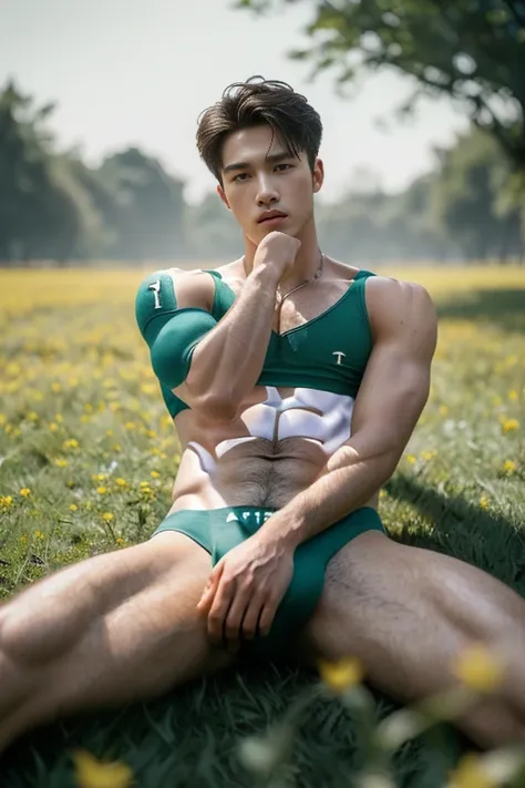 2 Man, ((male models )) heaty skin, masterpiece, best quality, most handsome man in the world, by Kim Soo-hyun, prefect body, beautiful male model, an attractive man 18-24 years old aesthetic, at spring flower booming, green fields, spring, plains, trees, ...