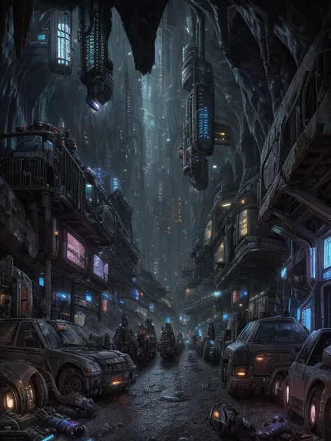 ，Mechanical city in the cave（Cyberpunk），Developed transportation，night，Stable orders，Pitch-black cave（Detailed background:1.2),High Detail,。