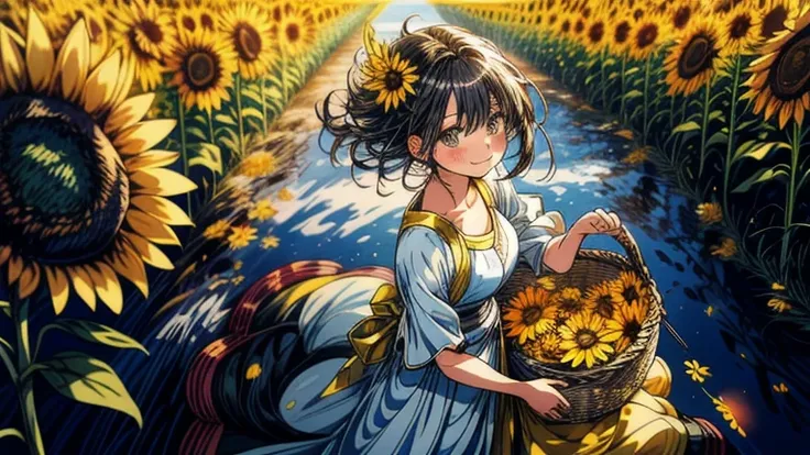 Picture an anime woman standing in a sunflower field as far as the eye can see, the vibrant yellow blooms stretching towards the sun. With a simple smile on her face and a basket in hand, she wanders through the sea of flowers, feeling uplifted by their ch...