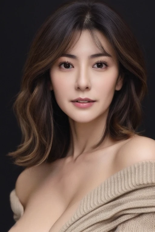 Fascinating、attractive、i doubt it、Ultra-high resolution, masterpiece, highest quality, Perfect glowing skin, Perfect lighting, Detailed lighting, Muscular Japanese middle-aged woman, 55 years old、, Beige lightweight knit, Looking at the camera, Off the sho...