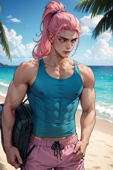 A handsome muscular pink haired man with violet eyes with long hair in swim trunks is putting his hair up at the beach with a blush