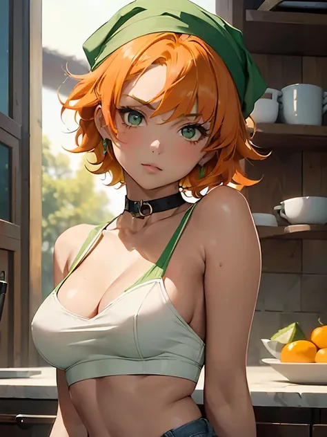 (masterpiece)(8k)((cute))(18-year old girl)(wild hair:1.3)(short hair:1.3)(orange hair)(flat chest)(small breasts)(white chef bandana:1.2)(green pupils)(glossy skin)(glossy lips)(shiny)(seductive)(choker necklace)(lime-green camisole)(bra straps)(denim sho...