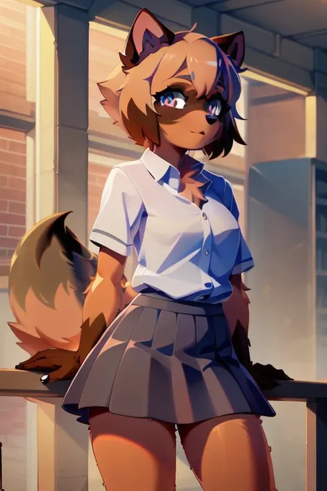 furry raccoon, 1girl, solo, raccoon ears, (high quality), detailed eyes, detailed shadows,, (high quality), (8k), skirt, 