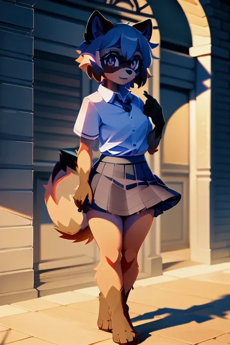 furry raccoon, 1girl, solo, raccoon ears, (high quality), detailed eyes, detailed shadows,, (high quality), (8k), skirt,