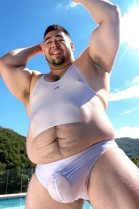 ((highest quality)), ((masterpiece)), (detailed), Perfect Face、Shaved head、Young Japanese、Muscular、Fat body、Big guy、smile、white small swimsuit、Raising his arms、Accentuate your thick legs、bulge,erection,
