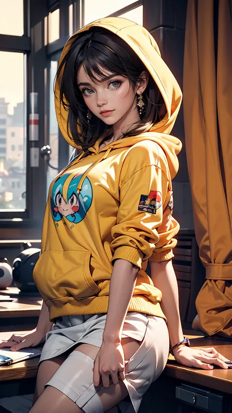 highest quality, masterpiece, High resolution, 8k, Hoodies and anime style girls, One Girl, Detailed line drawing, Bright White and Bright Amber Styles, Digital Enhancement, close, Anime Core, Flowing fabric