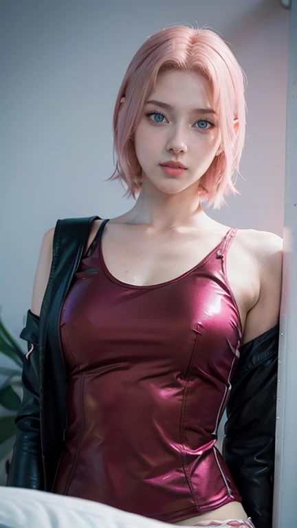 young woman, short shoulder-length pink hair, wide forehead, porcelain skin, pink eyebrows, big emerald green eyes, buttoned nose, full lips, heart-shaped face, slender body, small breasts, red tank top, Sakura Haruno , realistic, realism, details, 3d, wel...