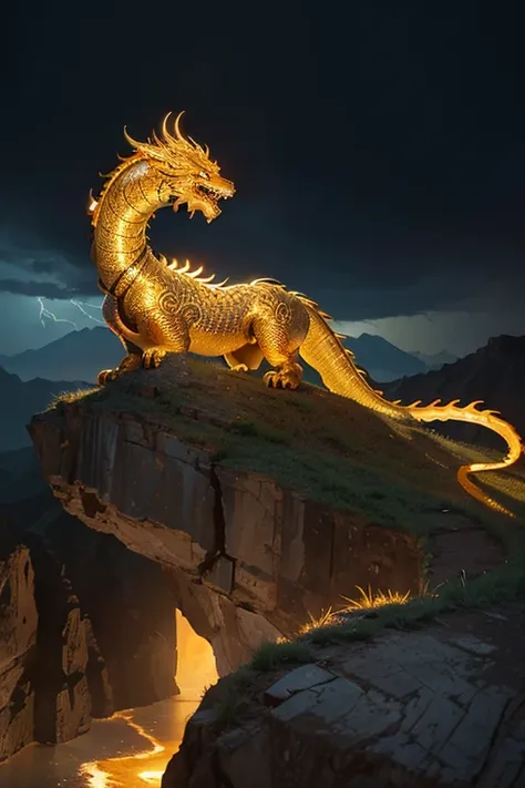 So sublime and divine々A beautiful golden dragon coiled up in the center of the screen, glaring at the camera.。The surrounding area is a canyon where no one can get close, and lightning is flashing in the background.、The sun is shining brightly