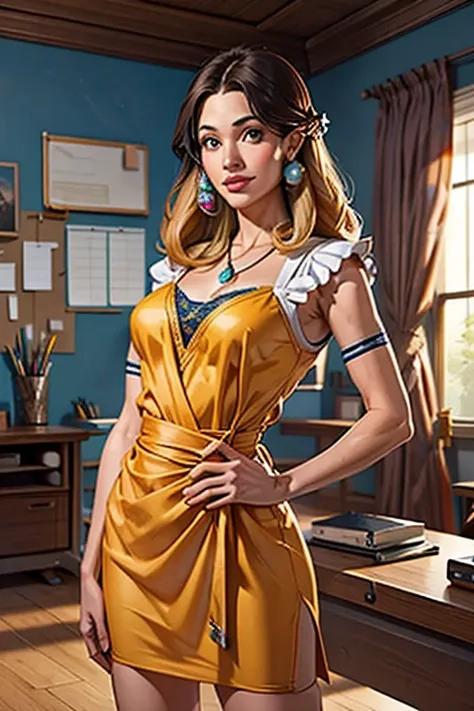 obra de arte, Excelente, (desk: 1.8), Desenho CG com detalhes super altos, standing, 1 royal sister, Nervoso, uma mulher com cabelo curto e bronzeado, vestido em camadas, hands crossed at the waist, Facing the public, illustration, panorama grande angular