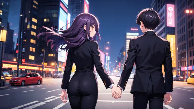 1boy 1girl holding hand, short purple hair boy, long black hair girl, brown eyes, wearing all black suits together, city, absurd...