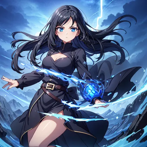 One girl, Very detailed, masterpiece, highest quality, The right move, Right Eyes, Short black hair, blue eyes, Black Robe, Black trousers, Black Shirt, Blue Vest, Medium chest, Defined Curve, Proud expression, A satisfied look, Mountain Background, storm,...