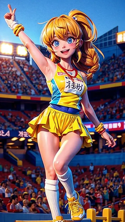 （Gold Trophy）Girl holding up a、stadium podium、Track and field athlete