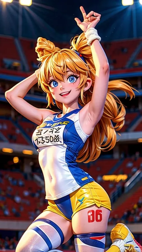 （Gold Trophy）Girl holding up a、stadium podium、Track and field athlete