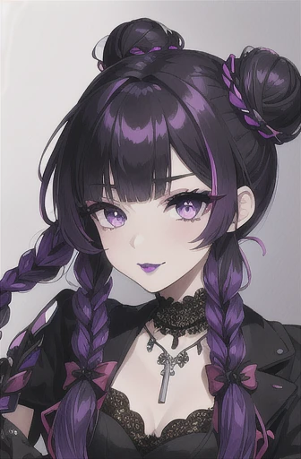 masterpiece, best quality, 1girl, solo, long hair, purple hair twin braids, hair buns, multicolored hair,two-tone hair, ,bangs, ...