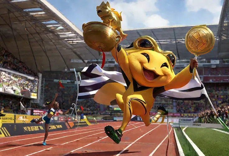 A female sprinter celebrates as she wins first place and is given the (golden toad trophy)