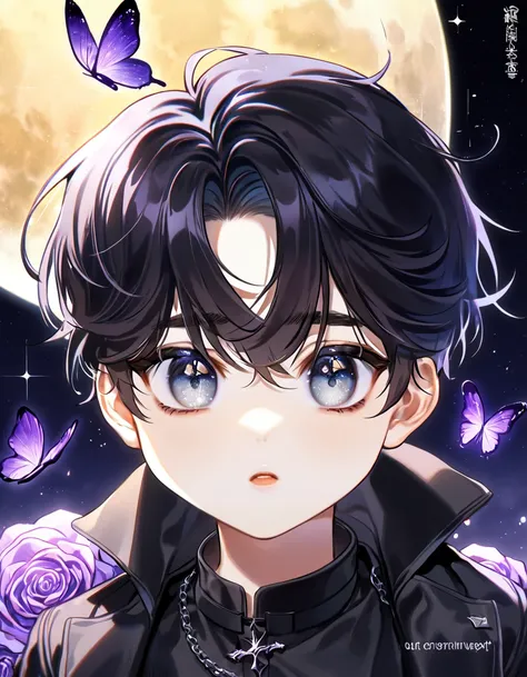 (absurdres, highres, ultra detailed, HDR) master piece, best quality, perfect face, delicate features, Yoo Joonghyuk, black hair, expressive gray eyes, Omniscient readers viewpoint, little boy, cute, black coat, black shirt, moon, purple flames, purple but...