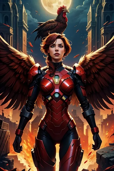 tema vermelho, phoenix lock, head of a rooster head of a chicken, mechanical wings, ciberpunk, melhor qualidade, obra de arte, unmanned, corpo todo, mechanical marvel, forte, lua, cidade arruinada, arte digital da mais alta qualidade, Arte impressionante, ...