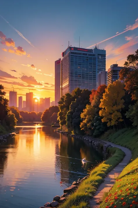 The sunset flies with the lonely geese in the distance, and the autumn river water and the vast sky are connected, icons