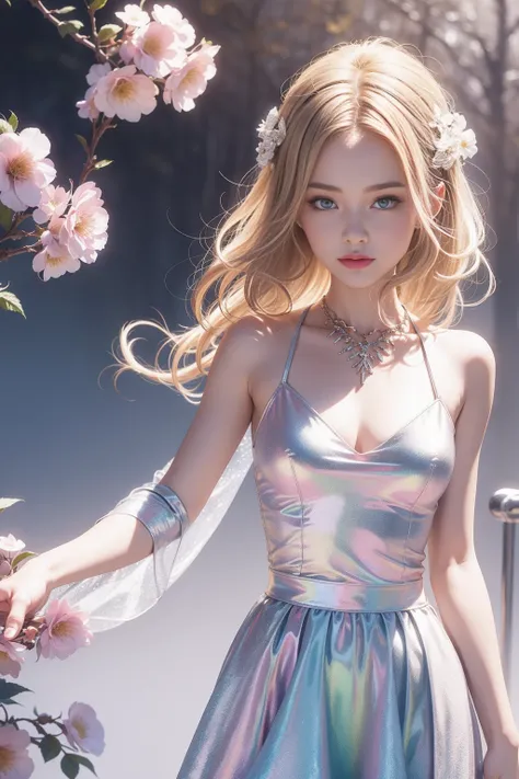 (((girl))，Long skirt，Iridescent colors，(Flower Fairy)，(Rich colors)，spring，Arthur effect, Transparent body, Gradient translucent glass melt, Caustics, Clear glass texture, Iridescent colors, design：Dietrams, Simple, Shining in every detail, White backgroun...