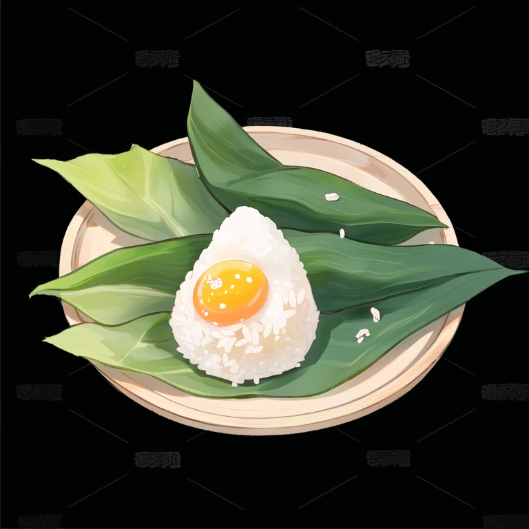 there are zongzi on the plate，rice dumpling leaves，egg yolk rice dumpling, wang chen, chiba yudai, ghost festival, flat, beast, ...