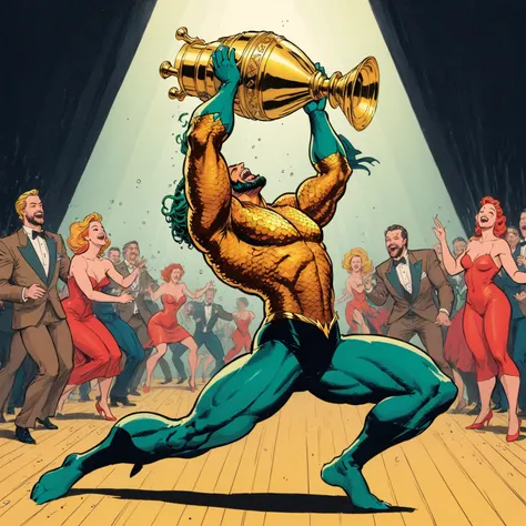 ((worldess)) Aquaman winning a dance competition, holding an oversized golden trophy, and performing a winning celebratory dance, slow dancing aquaman, purely maximal blissed maximal elated, contortion, stretched skewed, outlandish, strange, odd, weird, ab...