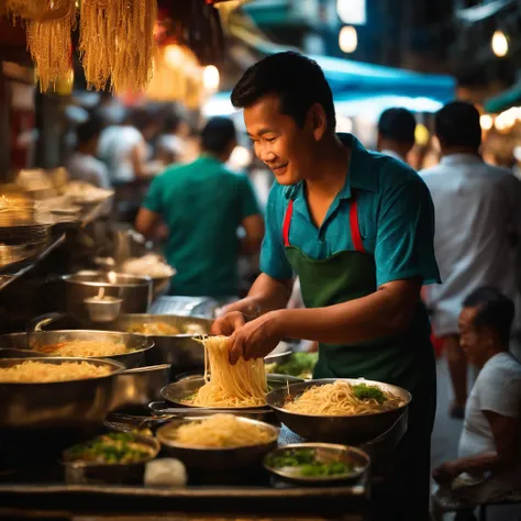 (a man selling noodles in a bustling noodle stall atmosphere on Yaowarat Road, Bangkok)

(best quality,high-res,masterpiece:1.2),vibrant colors,HDR,authentic lighting,noodles,food stall,hustling crowd,Thai culture,traditional costume,fresh ingredients,home...