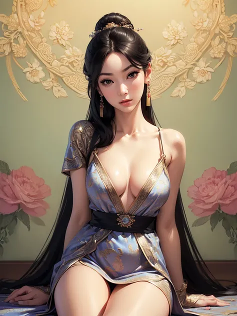 (best quality,ultra-detailed,realistic:1.37),(Korean:1.1)(beautiful detailed dress,adult,woman,detailed description),(beautiful detailed woman,beautiful Chinese background,exposed collarbone),(black eyes,natural eyes,realistic facial features,beautiful leg...