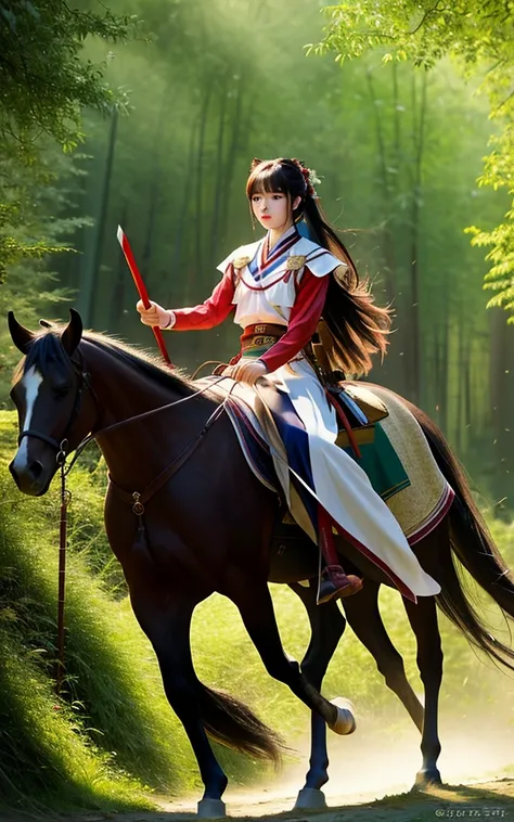 masterpiece,best quality,(Highest quality),(Masterpieces),(Super detailed),{top quality},CG,1 Girl,skirt,双horse尾,bamboo forest,horse,sword,fighting,horseback riding,Your feet,photo,Practical,