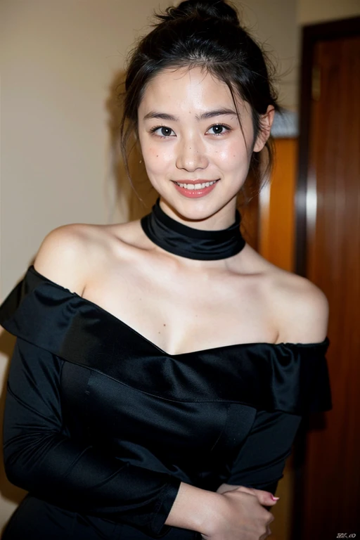 ((highest quality、8k、masterpiece:1.3))、Photorealistic, Sharp focus, high resolution, High resolution,Portraiture, one person、Japanese、woman, beautiful woman, (((black　Off the shoulder　 dress)))、30 years old, Plump, Medium Long Hair,smile