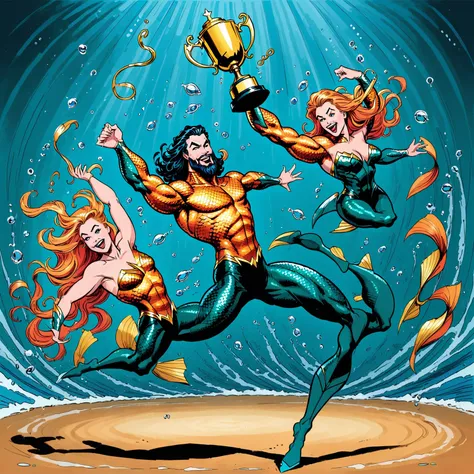 ((worldess)) Aquaman winning a dance competition, holding an oversized golden trophy, and performing a winning celebratory dance, slow dancing aquaman, purely maximal blissed maximal elated, contortion, stretched skewed, outlandish, strange, odd, weird, ab...