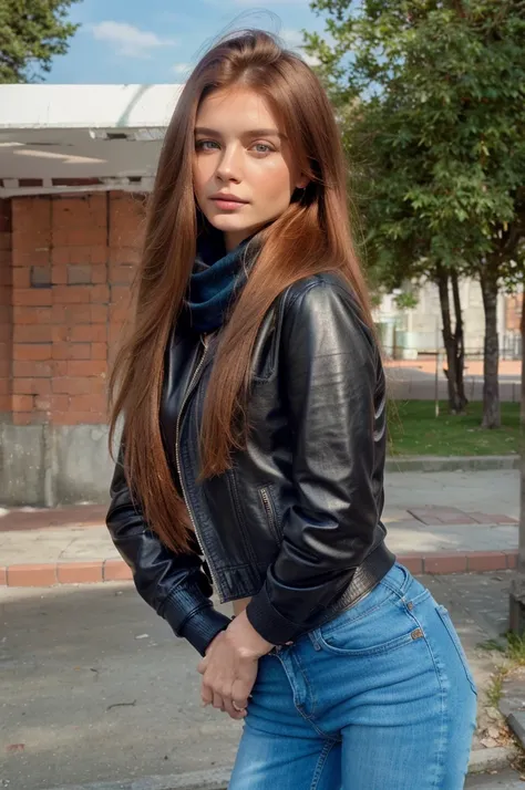 Editorial Photography 1990s style, a gorgeous croatian girl with long ginger hair. Black leather jacket, sweater, skinny denim pants, scarf and riding boots, she carries a leather backpack with her. The air is clear, calm and quiet ambient, detailed soft p...