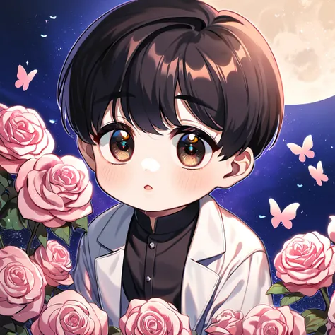 (absurdres, highres, ultra detailed, HDR) master piece, best quality, perfect face, delicate features, Kim Dokja as a little kid, black hair, expressive brown eyes, Omniscient readers viewpoint, solo, cute, white coat, black shirt, moon, pink butterflies, ...