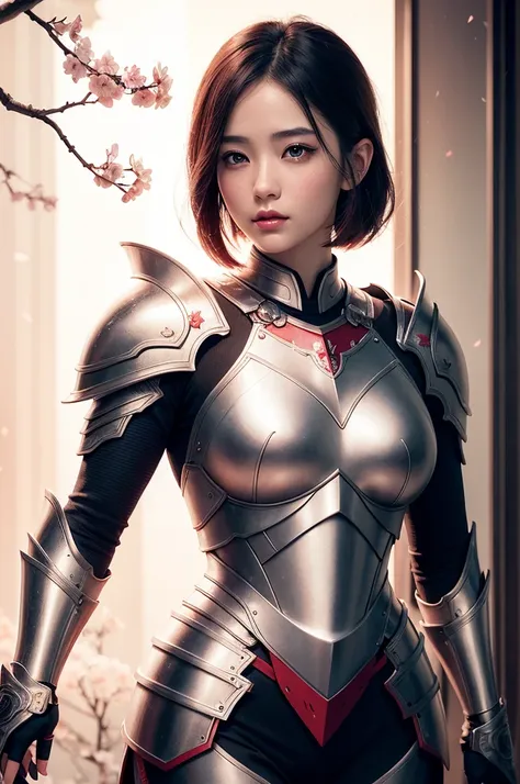 beautiful japan young woman, wearing armor, thick symmetry features, very short hair, background with cherry blossoms, pink halo...