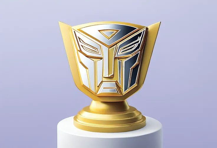 a golden trophy emblazoned with transformers autobot symbol and language sits upon a pedestal