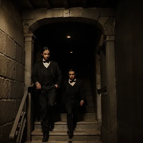 Cuento de Edgar Allan poe "El gato negro". The agents and the man going down the stairs that lead to the basement