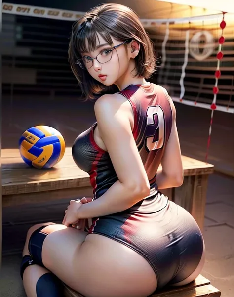 Realistically、23-year-old girl、(((Volleyball Player)))、Rear view from below、、Breast enlargement、Short Bob Hair、Volleyball court、Walking big sexily　Mature Woman　Straight black hair with bangs　Very large breasts　Toned body　moderately sized buttocks　(((Correc...